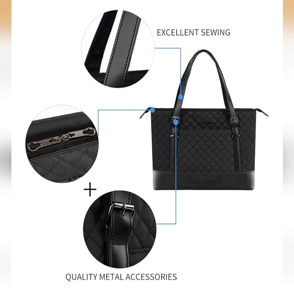 Black Quilted Tote Bag with USB Charging Port - Picture 3 of 7
